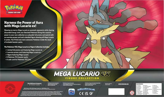 Pokémon TCG Mega Lucario ex Figure Collection - Rückseite der Box mit Inhaltsangabe
